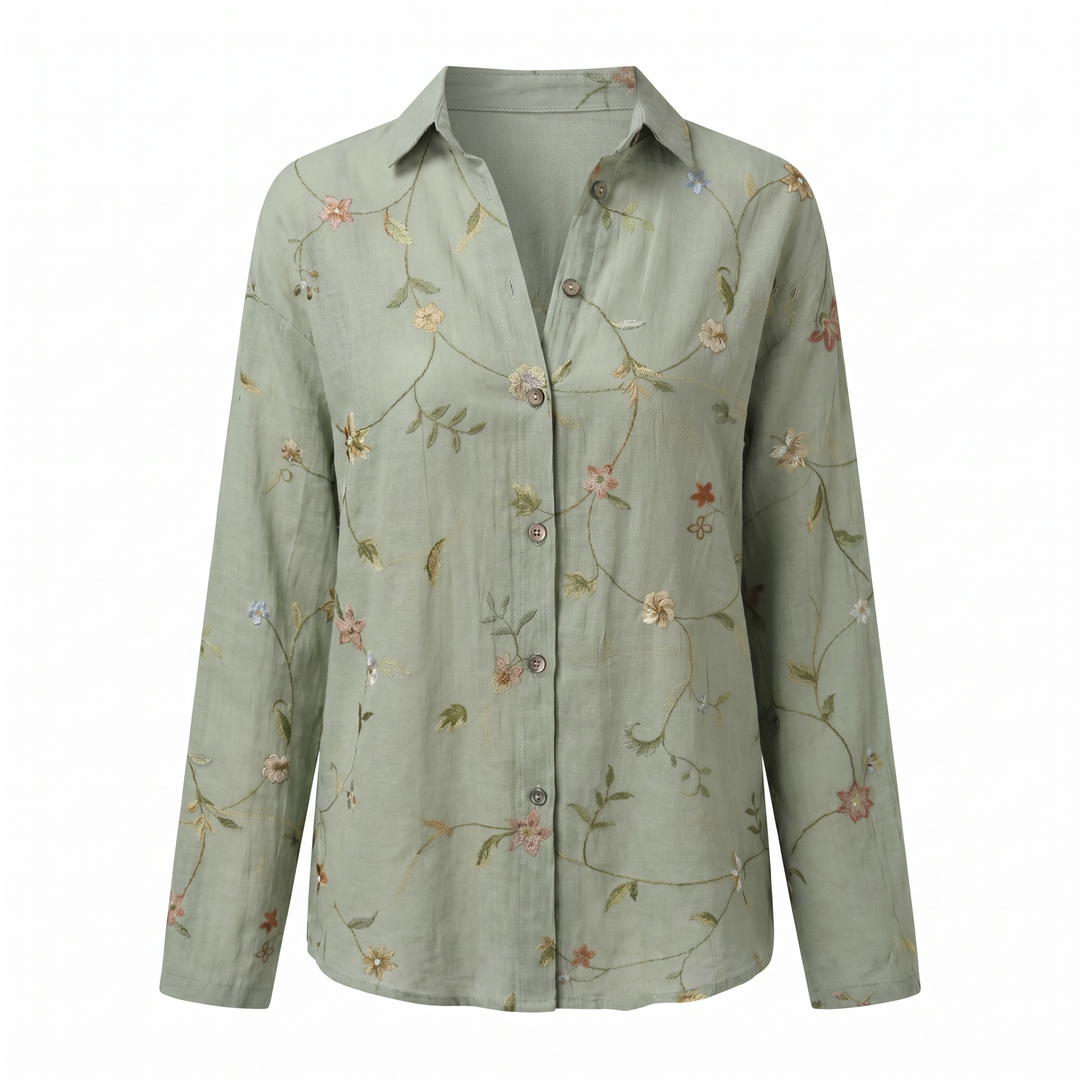 Camisa de primavera: blusa floral de manga larga para mujer, estilo relajado y casual. Moda femenina.
