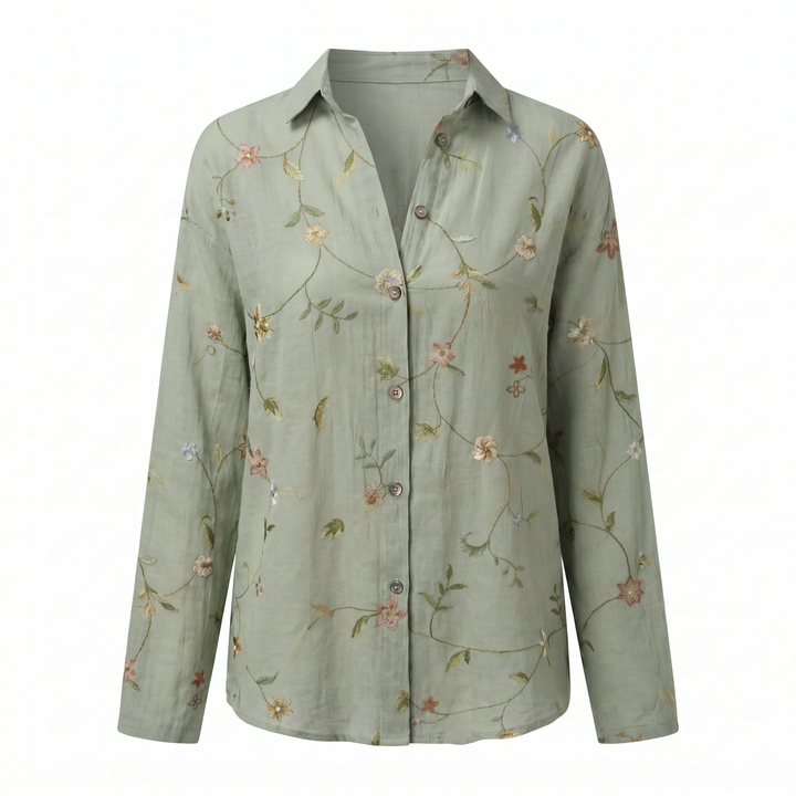 Camisa de primavera: blusa floral de manga larga para mujer, estilo relajado y casual. Moda femenina.