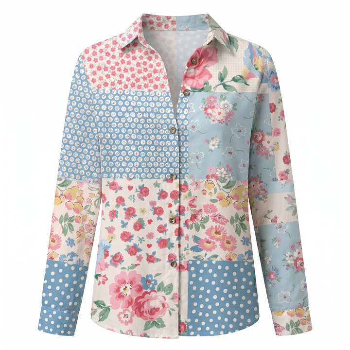 Camisa de mujer con estampado floral, manga larga, para un look elegante y cómodo de primavera.