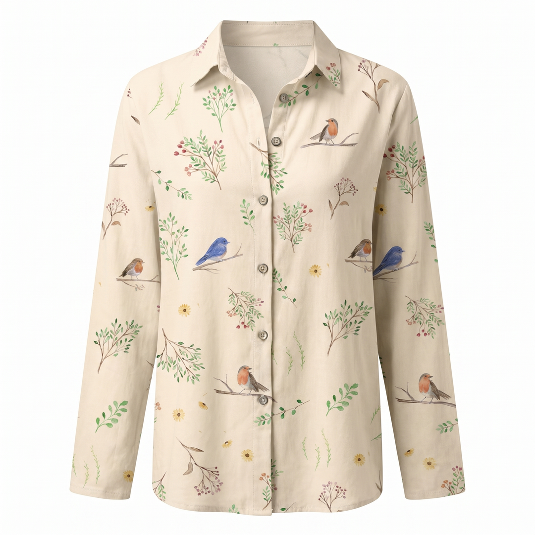 Camisa floral de manga larga con bordado para mujer, estilo elegante y relajado. Ideal primavera.