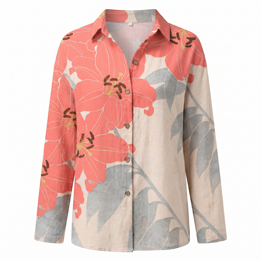 Camisa elegante floral de manga larga para mujer, estilo femenino y sofisticado. Moda primavera.