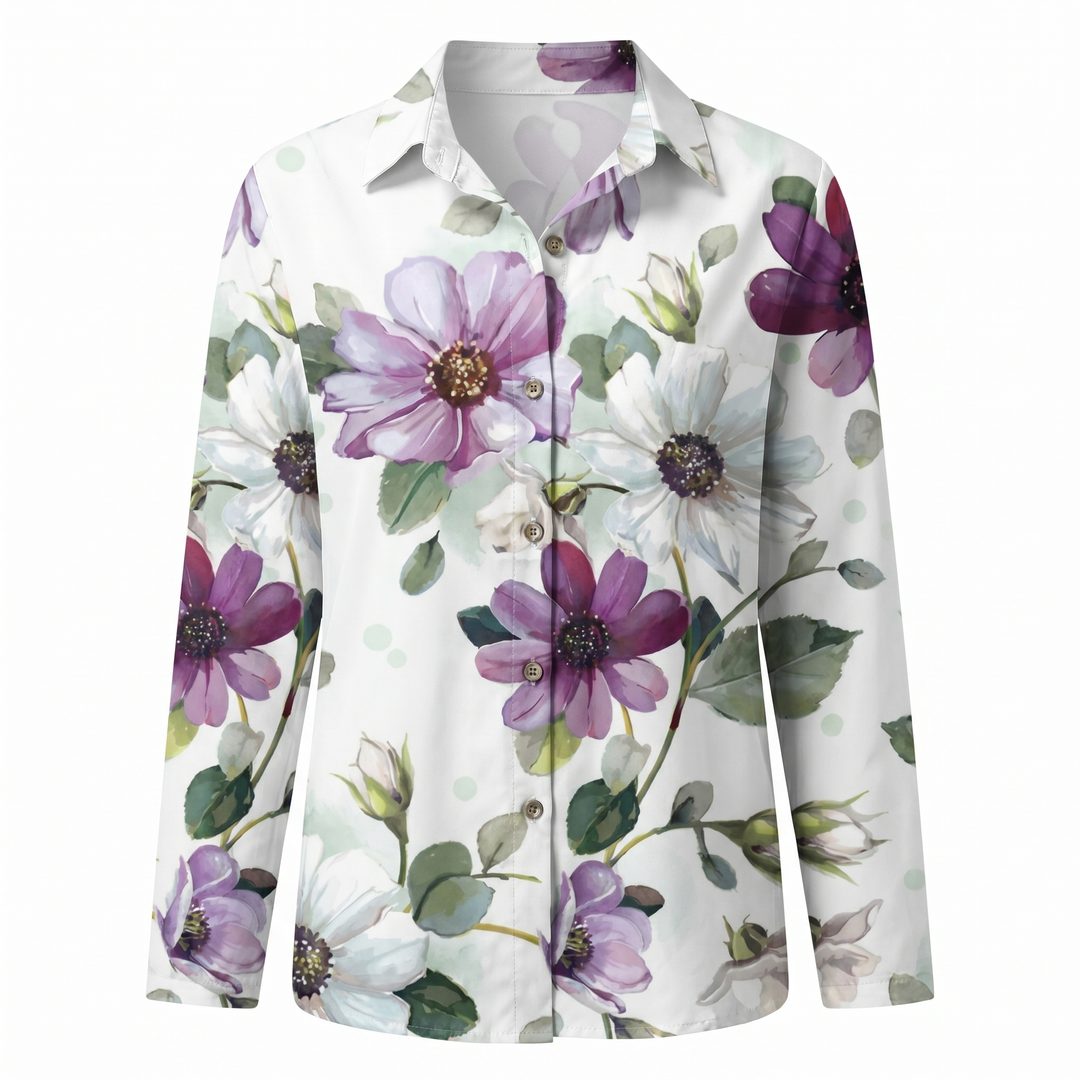 Camisa casual de mujer con estampado floral, manga larga, perfecta para el día a día. Estilo relajado.
