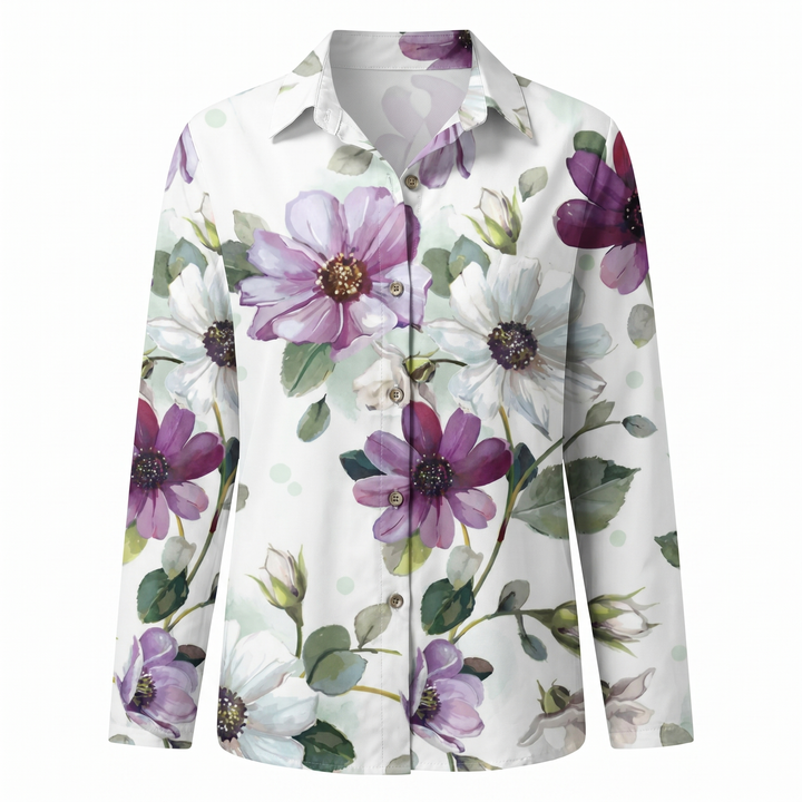Camisa casual de mujer con estampado floral, manga larga, perfecta para el día a día. Estilo relajado.