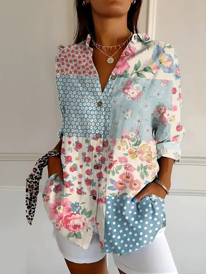 Blusa de mujer con estampado floral, manga larga, cómoda para primavera y estilo casual. Ropa femenina.