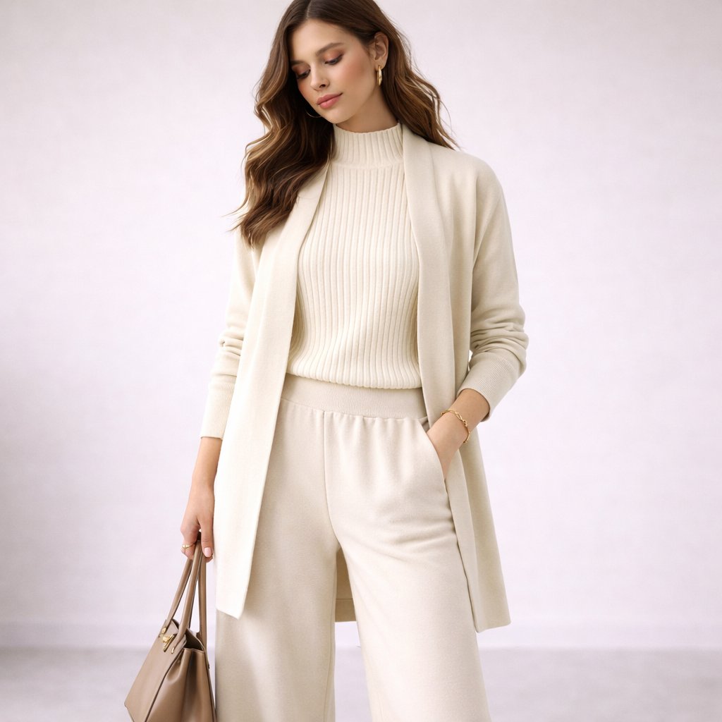 Moda femenina: Conjunto de punto de invierno, cárdigan largo y pantalón, perfecto para un look casual elegante.