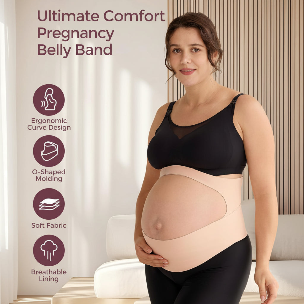 Mujer embarazada usando banda abdominal transpirable que proporciona soporte diario durante la maternidad.