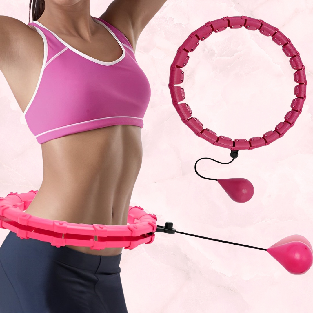 Mujer sonriendo usando hula hoop quemagrasa para adelgazar y mejorar salud.