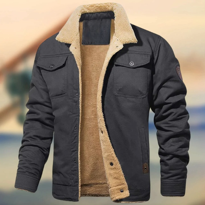 Detalle de abrigo acolchado de invierno para hombre, mostrando tejido y cremallera. Chaqueta cálida y funcional para el frío.
