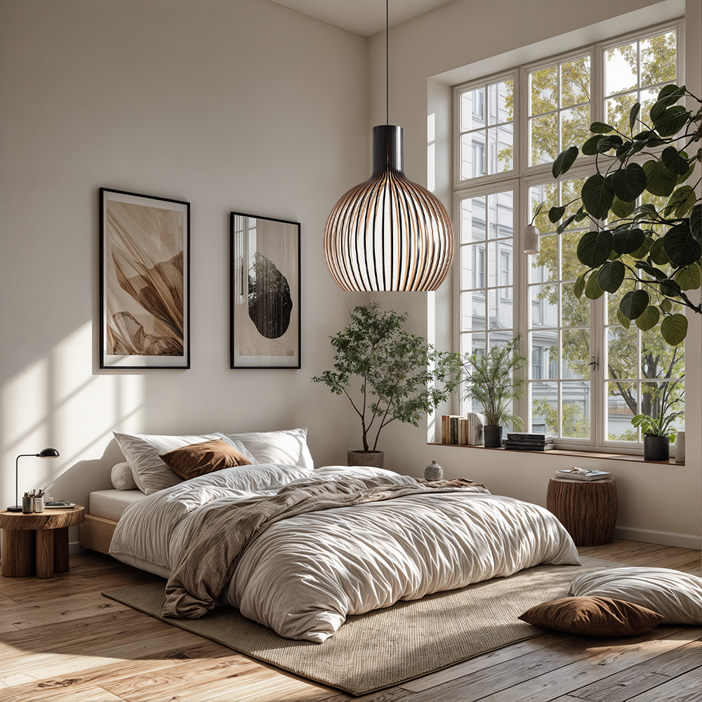 Luz ambiente cálida: lámpara de techo con pantalla de jaula de madera, regulable.