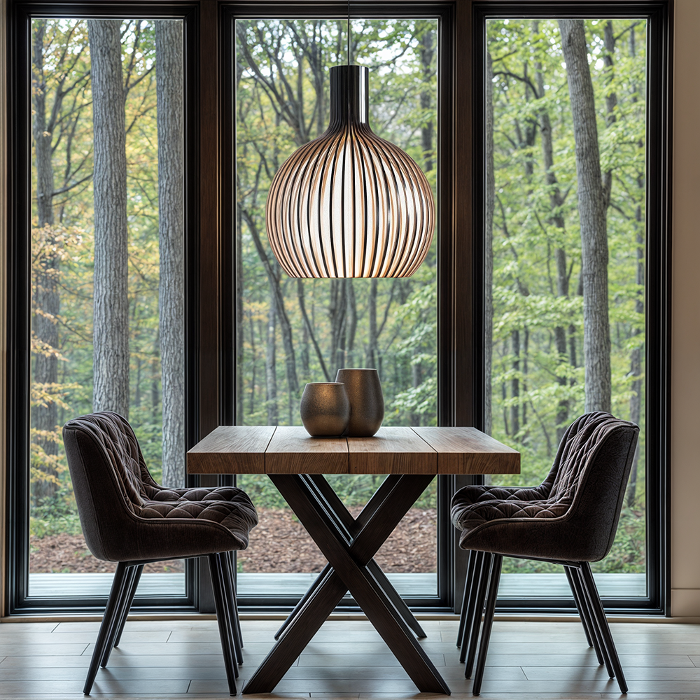 Lámpara colgante de jaula de madera rústica, diseño moderno y altura ajustable.