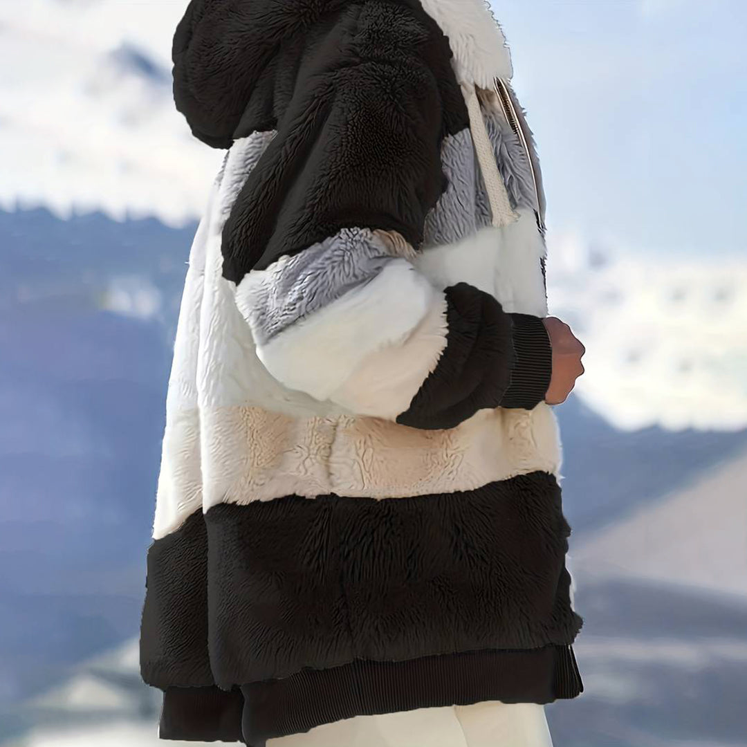 Abrigo casual de forro polar para mujer con capucha. Moda femenina, perfecto para el frío y la comodidad.