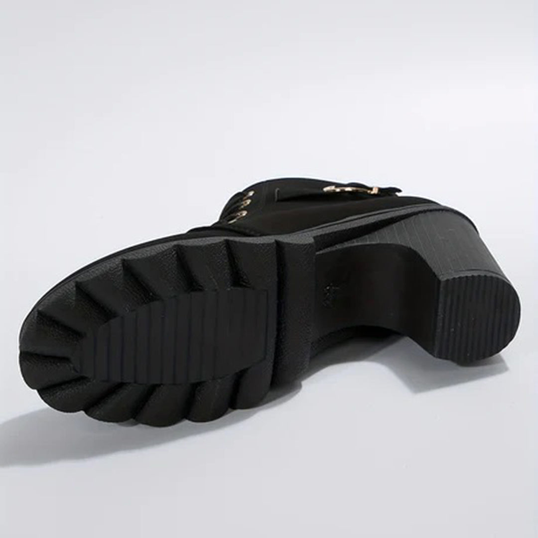Botines de mujer elegantes con textura de cuero sintético, calzado cómodo de tacón para moda.