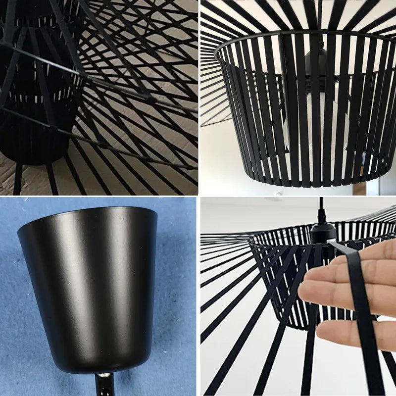 Lámpara colgante techo negro mate, diseño sombrero. Iluminación moderna minimalista de fibra de vidrio para hogar.
