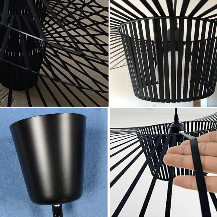Lámpara colgante techo negro mate, diseño sombrero. Iluminación moderna minimalista de fibra de vidrio para hogar.