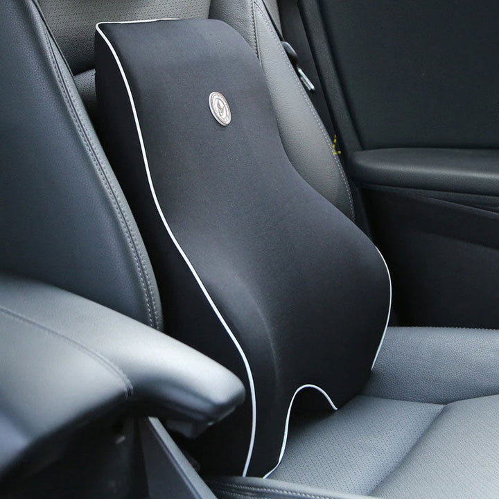 Cojín lumbar ergonómico de espuma viscoelástica negra para soporte de espalda. Ideal para silla de oficina y coche.