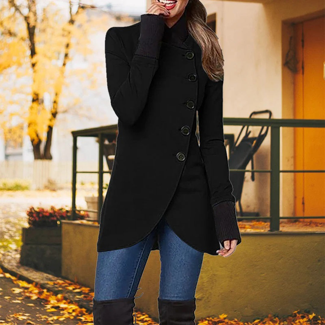 Chaqueta asimétrica de mujer con cierre diagonal. Estilo moderno, ropa exterior versátil para otoño e invierno. Elegante.