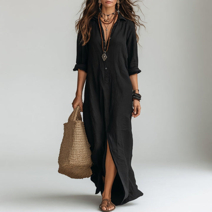 Vestido largo bohemio tipo camisa para mujer. Estilo casual y transpirable, perfecto para el verano.