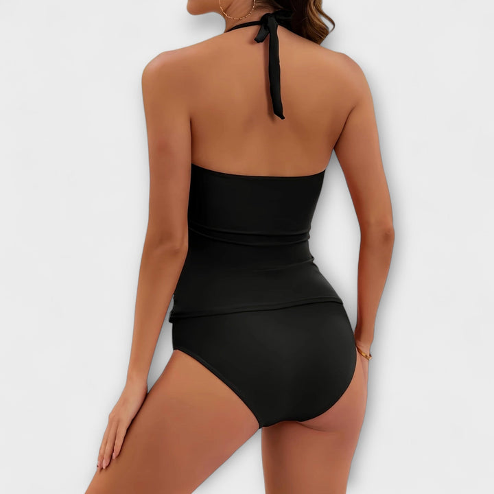 Moderno bañador de mujer, una pieza, escote en V, con detalle dorado y fruncido, para piscina y vacaciones.