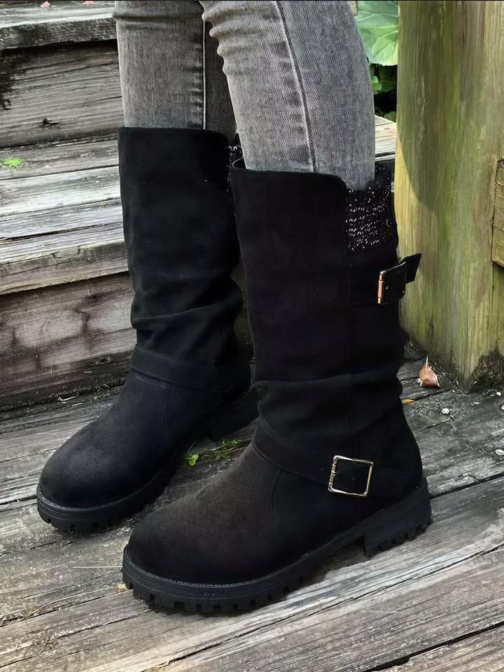 Botas de media caña para mujer con puño de punto suave, hebillas decorativas y suela robusta para invierno.