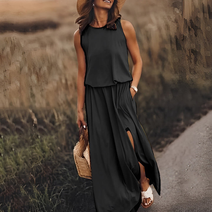 Vestido retro elegante de mujer, sin mangas y disponible en varios colores, perfecto para moda veraniega versátil.