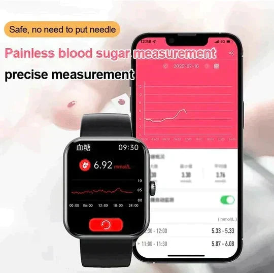 Mantén tu bienestar con este reloj inteligente. Monitor de glucosa y SpO2 no invasivo para tu salud.