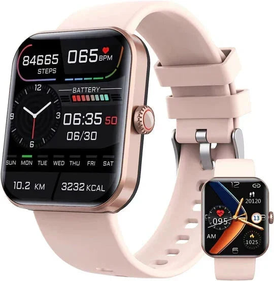 Tecnología de salud: reloj inteligente con glucómetro no invasivo y sensor de oxígeno en sangre (SpO2).