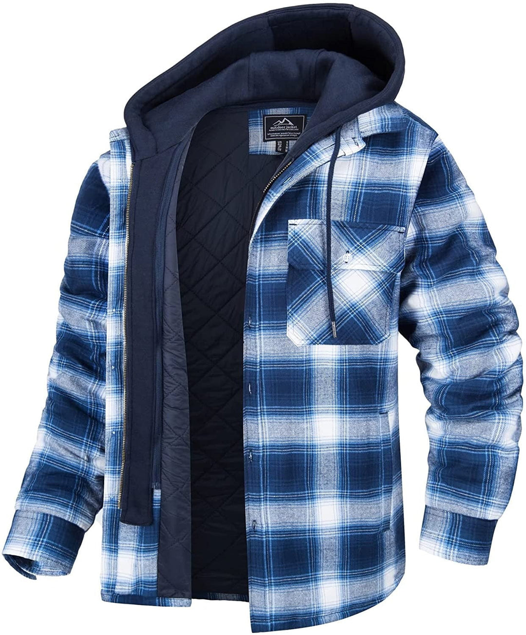 Abrigo a cuadros de hombre con capucha. Chaqueta con cremallera, estilo casual para moda masculina de invierno.