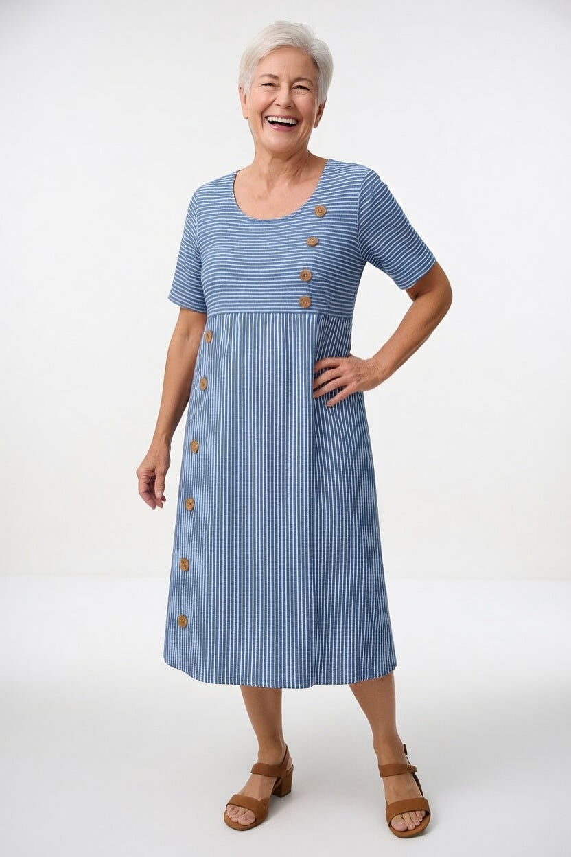 Vestido de rayas fluido para mujer en azul, negro o beige. Estilo veraniego y casual.
