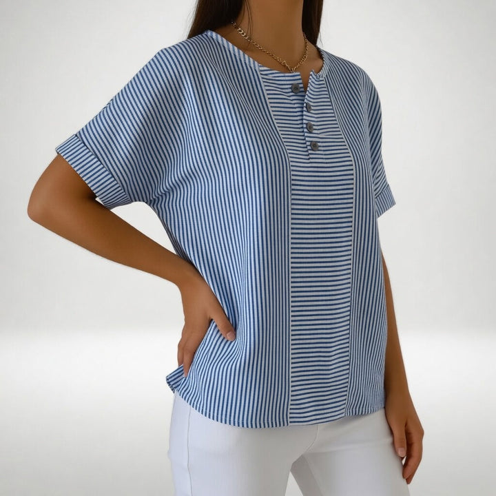 Blusa de lino para mujer, a rayas y manga corta. Estilo casual y versátil para primavera y verano, gran confort.