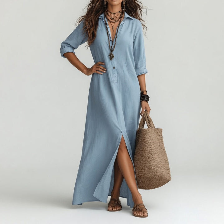 Vestido de verano largo y bohemio para mujer. Diseño fresco tipo camisa, ideal para días soleados.