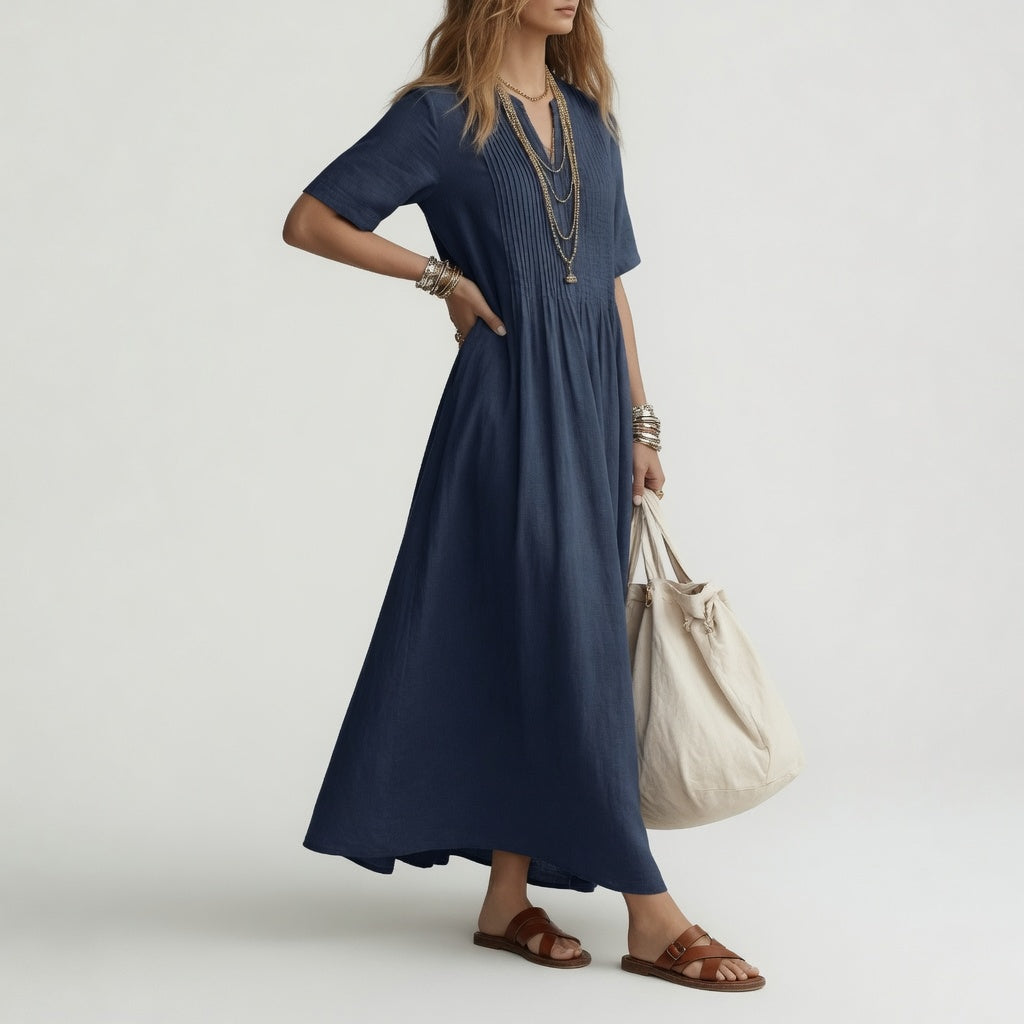 Moda femenina: vestido largo de verano, cuello V, algodón. Cómodo y elegante para casual, playa o vacaciones.