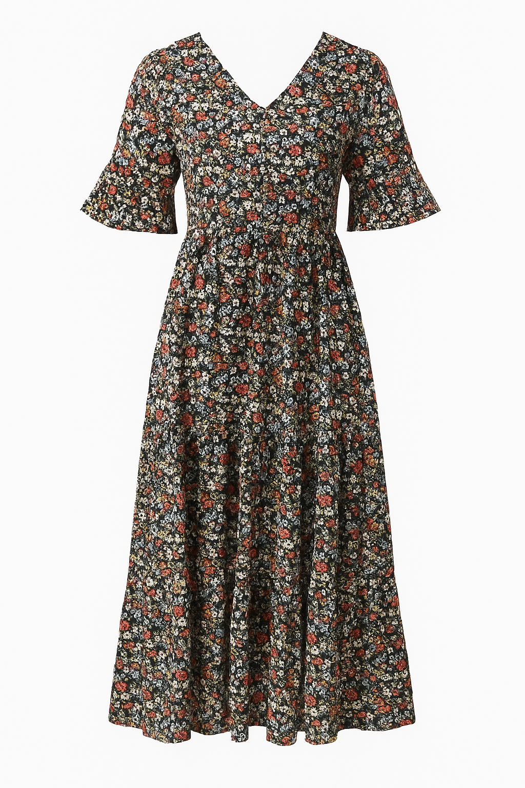 Vestido midi floral versátil de mujer. Delicado estampado, ideal para ocasiones casuales o elegantes de verano.