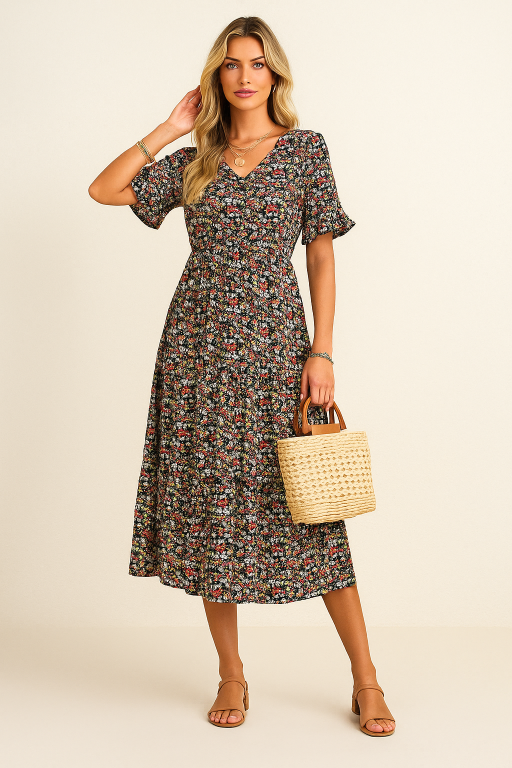 Vestido floral midi elegante para mujer. Ideal como invitada de boda, fiesta o evento de verano.