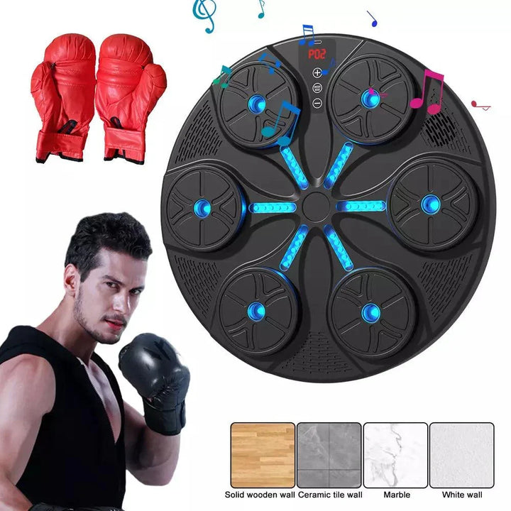 Máquina de boxeo musical compacta con diseño moderno, ideal para entrenamiento interactivo y fitness.