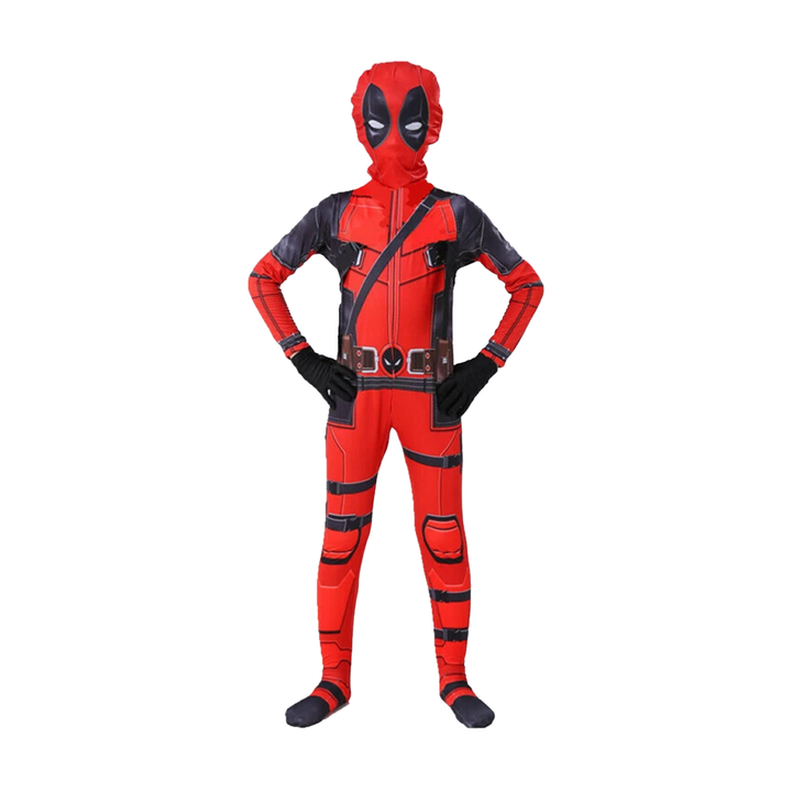 Textura del mameluco de disfraz de Deadpool para niños, suave y resistente, para horas de juego como superhéroe.