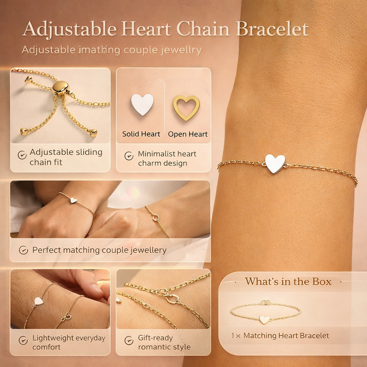 Pulsera plateada de cadena fina con dije de corazón, ajustable. Joyería unisex para parejas, estilo minimalista y moderno.