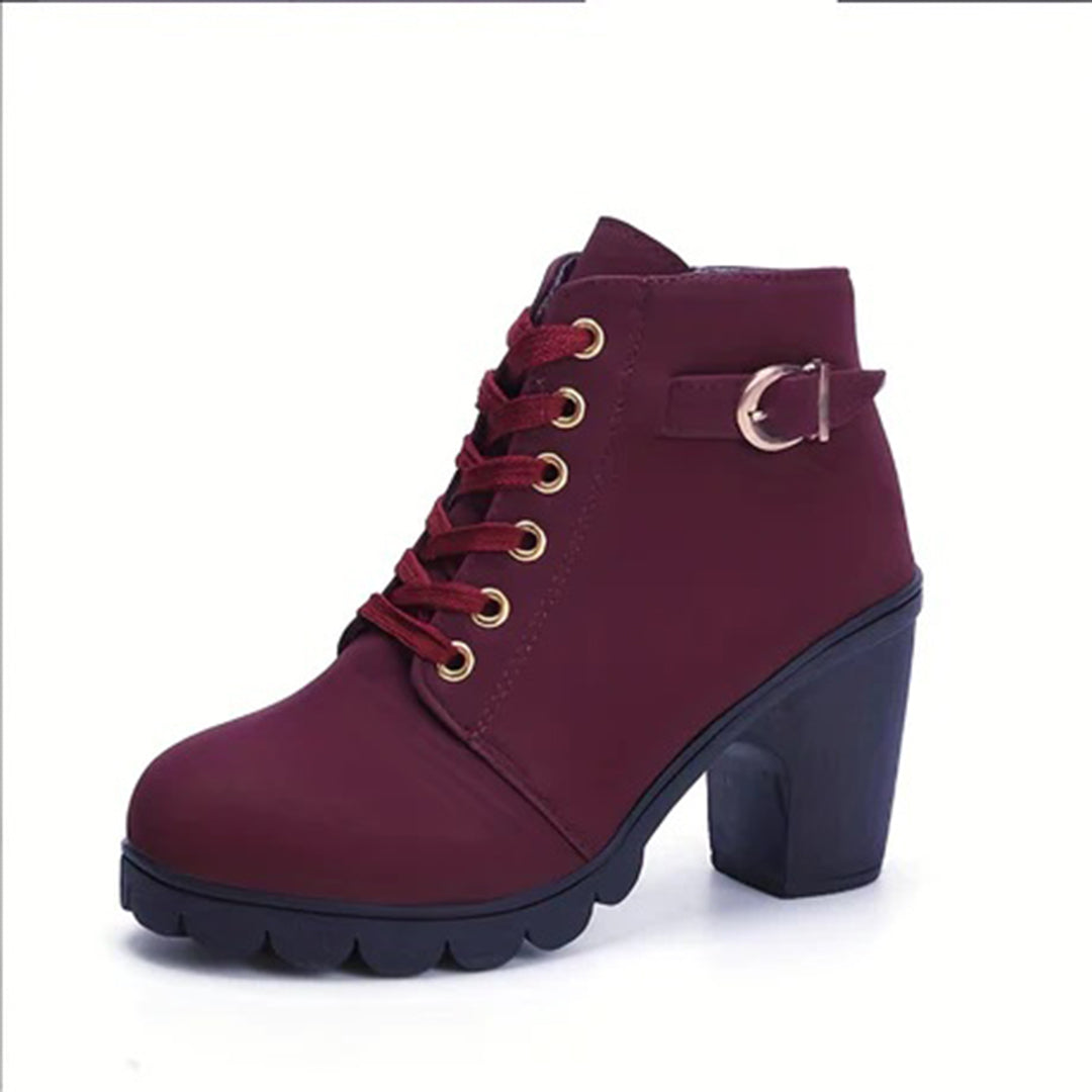Botines frontales de mujer en cuero sintético, elegantes, cómodos y con tacón, perfectos para otoño.