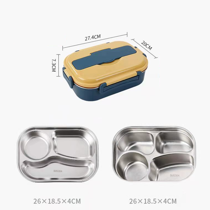 Caja bento de acero inoxidable con múltiples compartimentos para un almuerzo organizado.