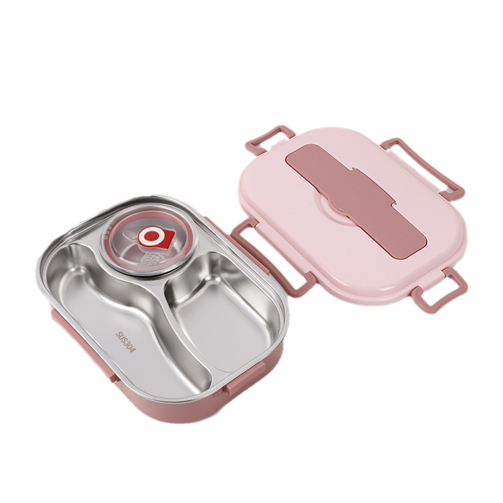Caja de almuerzo con compartimentos de acero inoxidable, ideal para una comida organizada y caliente.