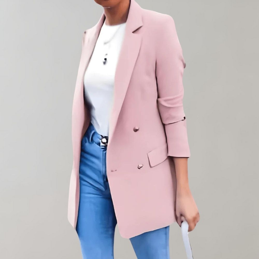 Chaqueta blazer larga para mujer, estilo moderno y sofisticado. Ideal para look casual chic u oficina.
