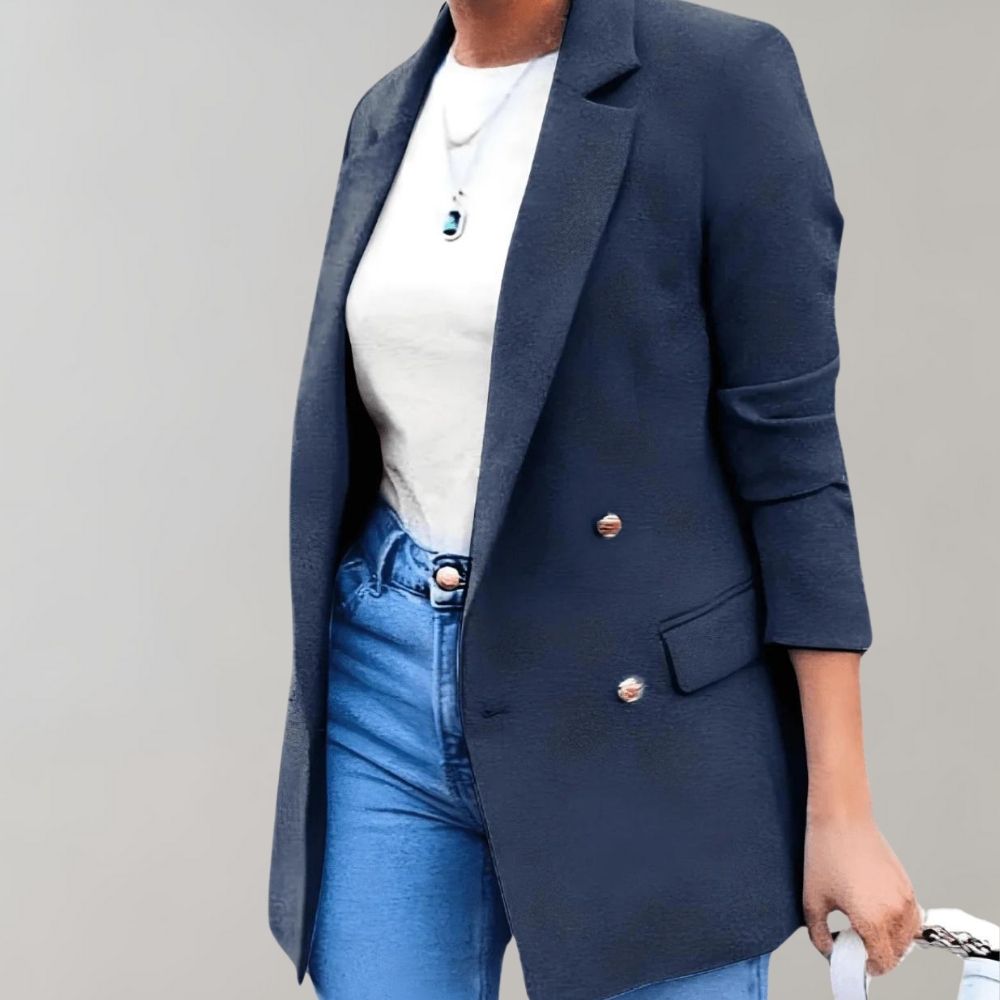 Blazer largo elegante mujer. Chaqueta sofisticada para oficina, moda femenina moderna. Versátil, primavera/otoño.