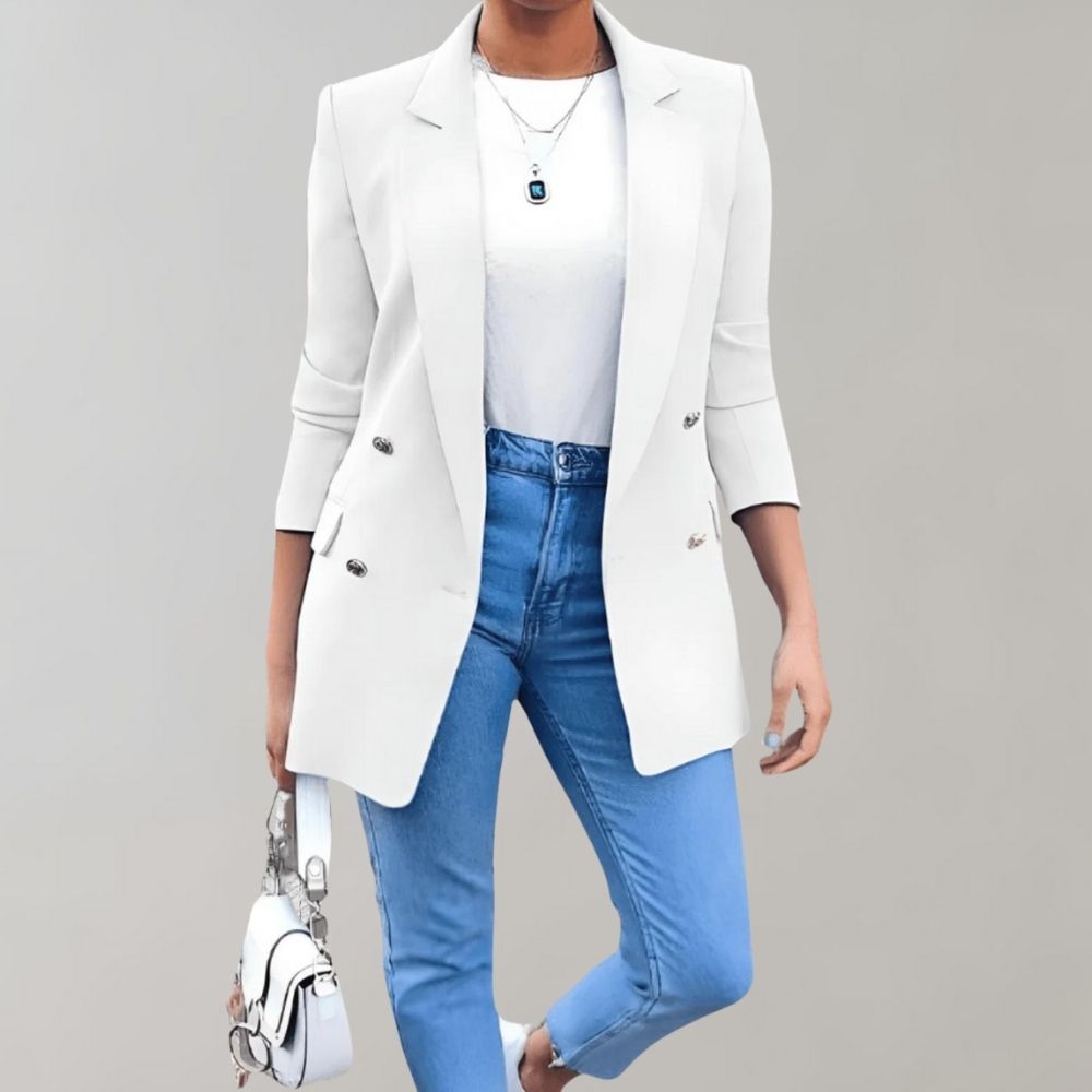 Blazer largo elegante de mujer, perfecto para primavera y otoño. Estilo versátil, sofisticado y casual chic.