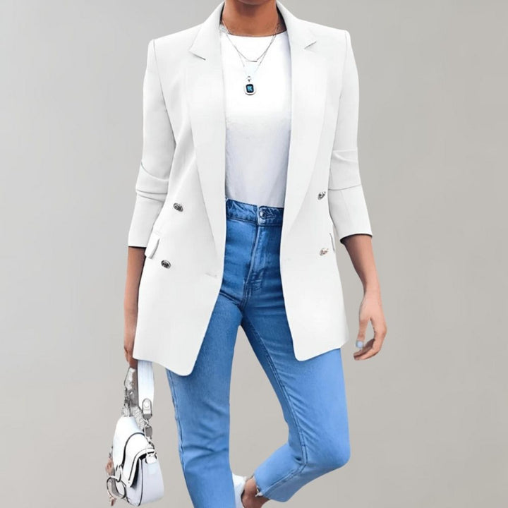 Blazer largo elegante de mujer, perfecto para primavera y otoño. Estilo versátil, sofisticado y casual chic.