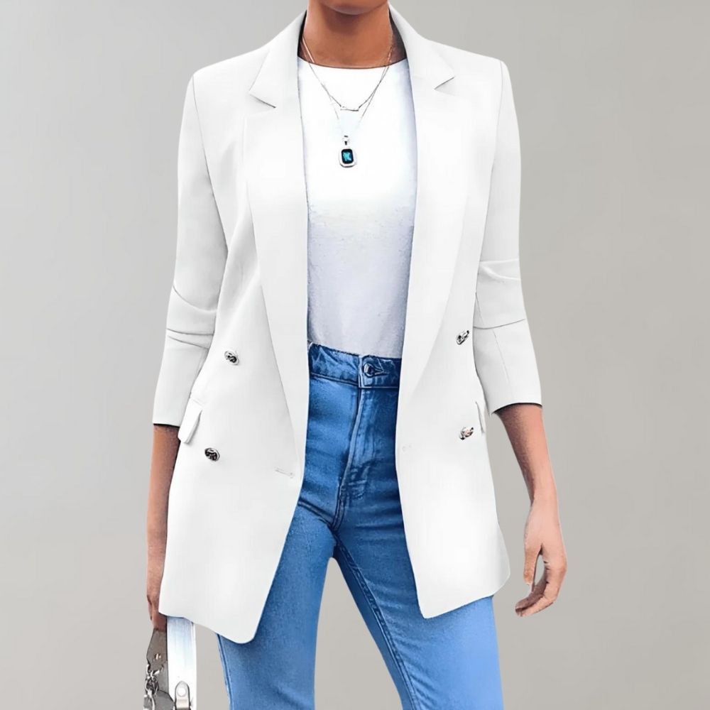 Prenda de vestir: blazer largo elegante para mujer. Chaqueta sofisticada que define la moda femenina moderna.