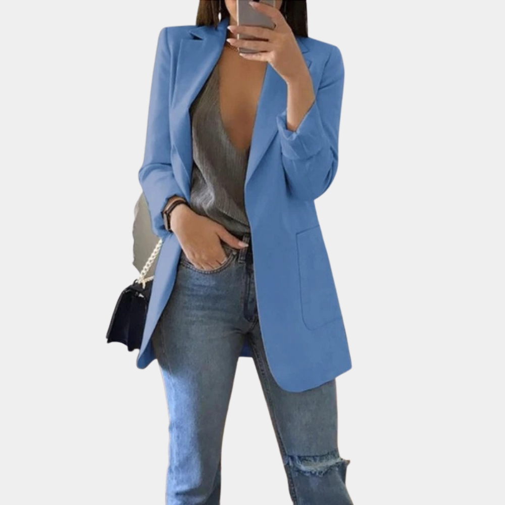 Elegante blazer de mujer con detalles de encaje. Chaqueta chic de ajuste entallado, versátil para looks casuales y de oficina.