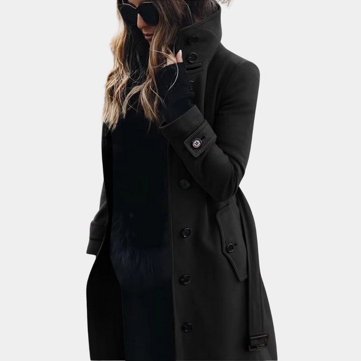 Abrigo trench largo de mujer, estilo casual y elegante. Ropa exterior versátil para moda de invierno.