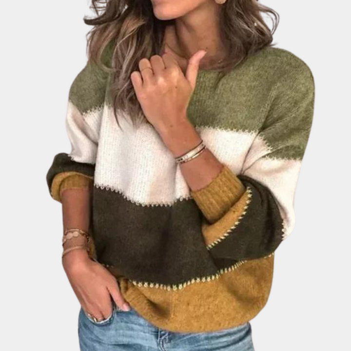 Suéter de bloques de color para mujer. Diseño holgado, cómodo y con estilo para ropa de invierno casual.