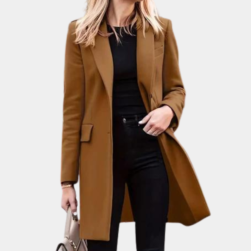 Abrigo trench moderno largo para mujer, ideal para moda invernal elegante.