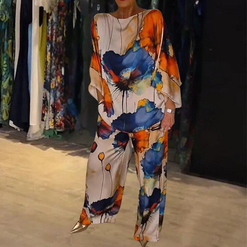Conjunto casual de dos piezas para mujer, ropa cómoda con estampado colorido, perfecto para verano.