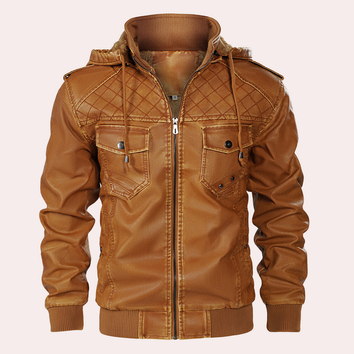 Chaqueta estilosa de hombre con capucha desmontable, ideal para moda urbana casual de otoño e invierno.